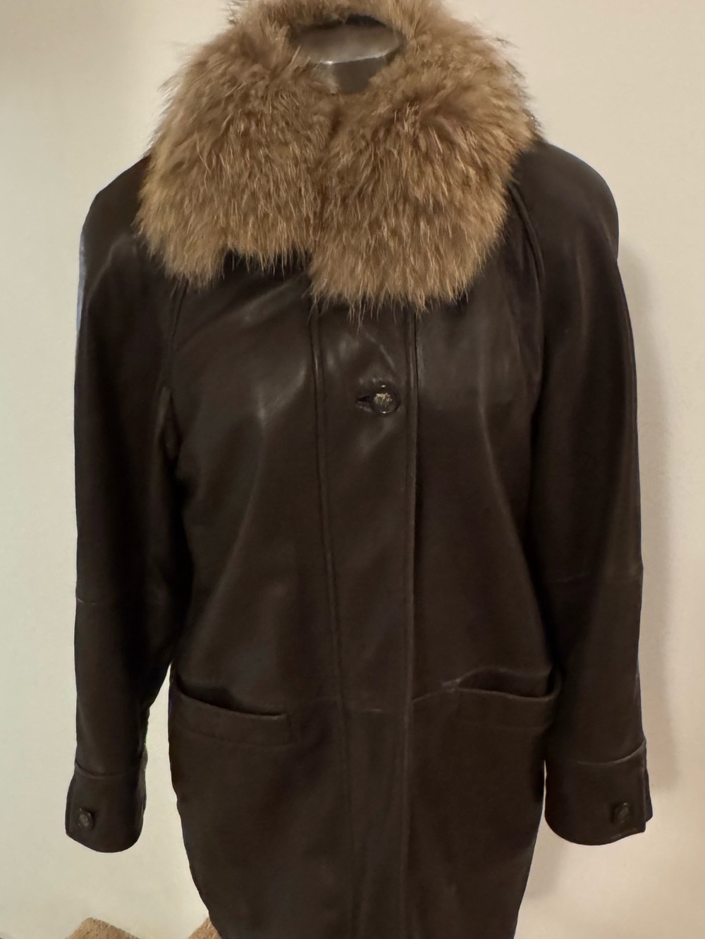 Women's Dark Brown Leather Jacket with Tan Fur Collar
